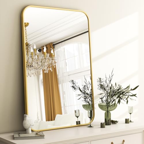 Easly 26 x 38 Inch Bathroom Mirror, Rounded Rectangular Vanity Mirror for Wall, Modern Mirror for Room Decor, Gold Framed Wall-Mounted Mirrors for Home Decor, Hangs Horizontally or Vertically
