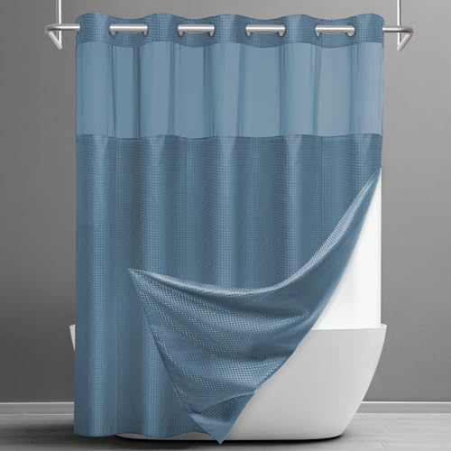No Hook Waffle Shower Curtain with Snap in Liner Set, 71x74, MoonlightBlue