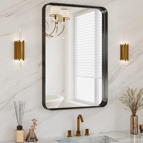 24"X32" Matte Black Metal Framed Vanity Rounded Rectangle Bathroom Mirrors