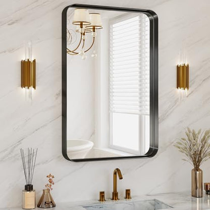 24"X32" Matte Black Metal Framed Vanity Rounded Rectangle Bathroom Mirrors
