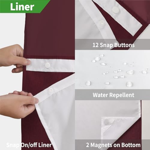 eachope No Hook Fabric Shower Curtain with Snap-in Liner,71x86 Burgundy