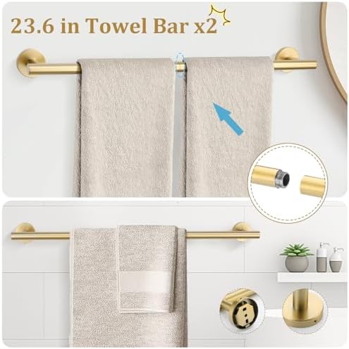 TURS Brushed Gold 10 Pieces Bathroom Hardware Set, SUS304 Stainless Steel 24 Inch Bath Towel Bar Set, Round Bathroom Accessories Kit Wall Mounted