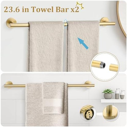 TURS Brushed Gold 10 Pieces Bathroom Hardware Set, SUS304 Stainless Steel 24 Inch Bath Towel Bar Set, Round Bathroom Accessories Kit Wall Mounted