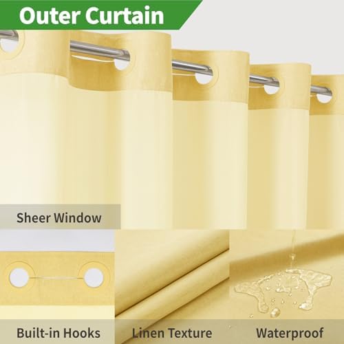 eachope No Hook Linen Texture Shower Curtain with Snap-in Liner,71x80 Gold