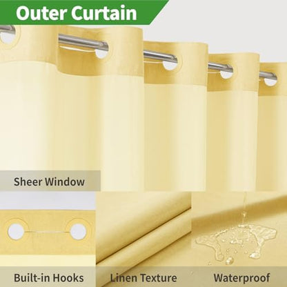 eachope No Hook Linen Texture Shower Curtain with Snap-in Liner,71x80 Gold