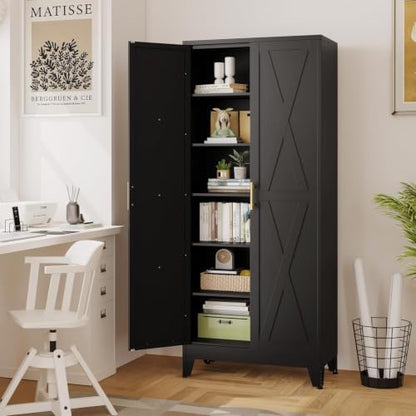 75" Metal Storage Cabinet with 2 Doors and 5 Adjustable Shelves,Black Farmhouse Kitchen Pantry Cabinet,Steel Garage Tool Cabinet,File Cabinetfor Home,Office,Dinning Living Room,Warehouse
