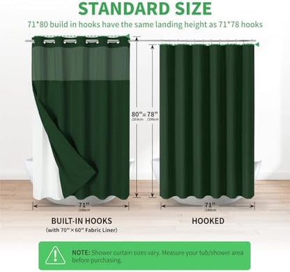 eachope No Hook Fabric Shower Curtain with Snap-in Liner,71x80 Emerald Green