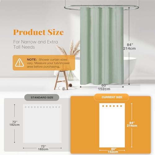 BTTN 60x84 Long Linen Textured Waterproof Shower Curtain Set, Sage Green