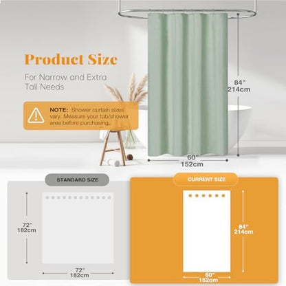 BTTN 60x84 Long Linen Textured Waterproof Shower Curtain Set, Sage Green