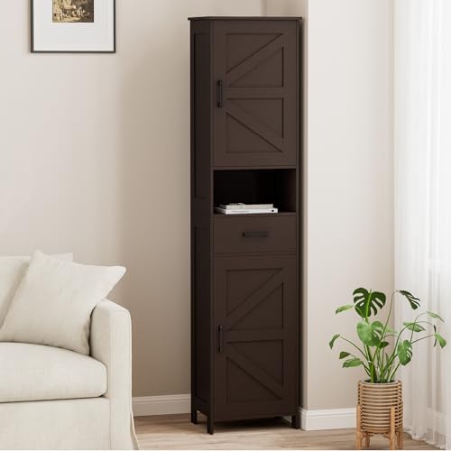 Homhedy 67" H Tall Bathroom Storage Cabinet with Barn Doors and Drawer