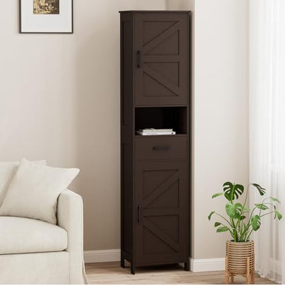 Homhedy 67" H Tall Bathroom Storage Cabinet with Barn Doors and Drawer