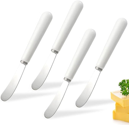 AISBUGUR Butter Spreader Knife, 4-Pack Stainless Steel With Comfortable Handle and Curved Blade for Better Scooping of Jam and Peanut Butter - 6.7" White