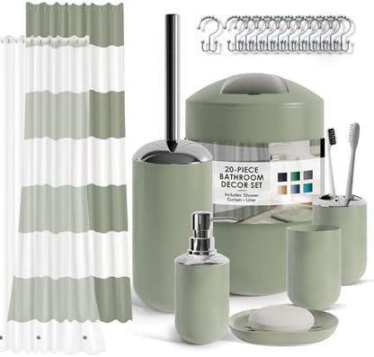 Clara Clark Bathroom Set - Sage Green Bathroom Accessories Set, 20PC Bathroom Accessory Set, Shower Curtain Set with Liner, Toothbrush Holder, Soap Dispenser, Soap Dish, and Toilet Brush Holder