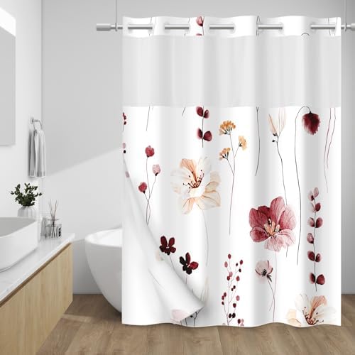 WITHLOC No Hook Floral Shower Curtain with Liner, Burgundy Flower, 71x74