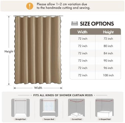 ANRODUO Khaki Scalloped Linen Textured Shower Curtain, W72 x L108
