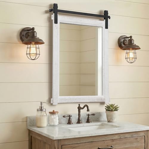 Besdomus Farmhouse Bathroom Vanity Mirror: 24"x36" White Rustic Barn Door