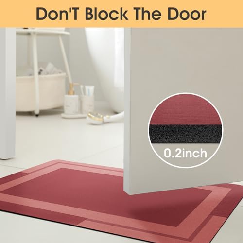 ACCUMTEK Non Slip Bath Mat, Thin Bathroom Rugs Fit Under Door, Quick Dry Bath Mats, Machine Washable Bath Rugs for Bathroom, Bathtub & Kitchen, Red/Bordered/32 x20