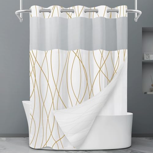LXBNI Gold White No Hook Shower Curtain with Liner, 71 x 80 Inch