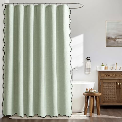 MIULEE Sage Green Scalloped Linen Shower Curtain 72x72 Inches