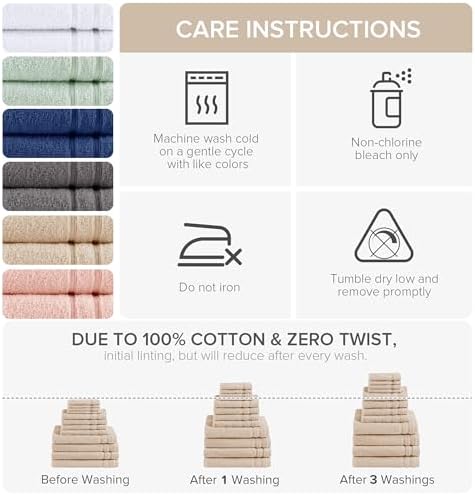 Comfort Spaces 12 Pc Towel Set, 100% Cotton Zero Twist, Beige Tan