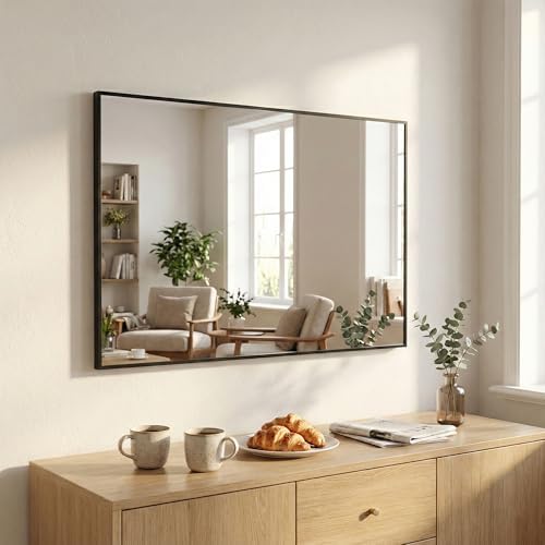 48"x36" Matte Black Large Framed Bathroom Vanity Wall Mirror