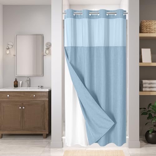 eachope No Hook Fabric Shower Curtain with Snap-in Liner,54x80 Fog Blue