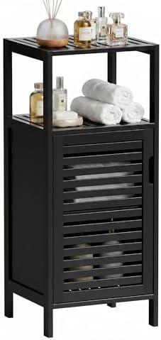 HITNET Bamboo Floor Cabinet, Small Bathroom Cabinet Floor Standing, 4 Tier Narrow Side Storage Cabinet, Space Saving Kitchen Cupboard with Single Door, Black
