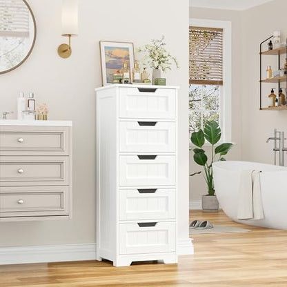 FOTOSOK Bathroom Cabinet, Bathroom Storage Cabinet with 5 Drawers, White