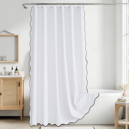 KGORGE White Scalloped Bathroom Shower Curtain Linen Textured, Boho Farmhouse Home Decor Privacy Waterproof for Bathtub Machine Washable, Pure White, 72 x 72 inches Long, 12 Hooks Included