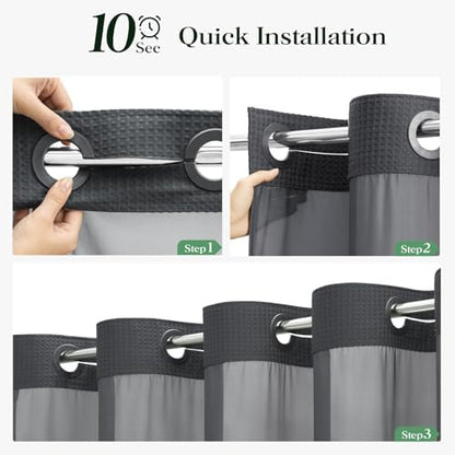 Dynamene Charcoal Grey Hook Free Waffle Shower Curtain & Snap Liner,72x87
