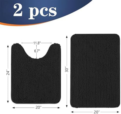 OLANLY Chenille Bathroom Rugs Mats Sets 2 Piece, 30"x20"+24"x20", Black