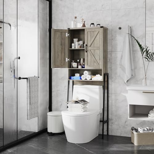 Vabches Over The Toilet Storage Cabinet with 2-Door Design Bathroom Organizers and Storage with Anti-Tip Device Over Toilet Organizer with Shelves for Bathroom,Restroom,Laundry Grey