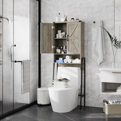 Vabches Over The Toilet Storage Cabinet with 2-Door Design Bathroom Organizers and Storage with Anti-Tip Device Over Toilet Organizer with Shelves for Bathroom,Restroom,Laundry Grey