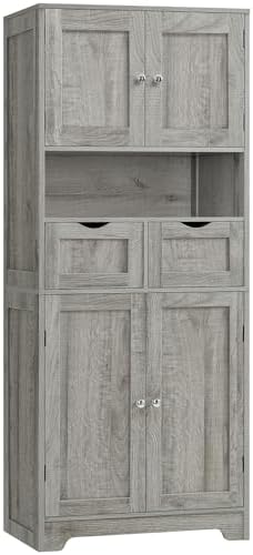 TEENFON Tall Bathroom Storage Cabinet with 4 Doors & 2 Adjustable Shelves