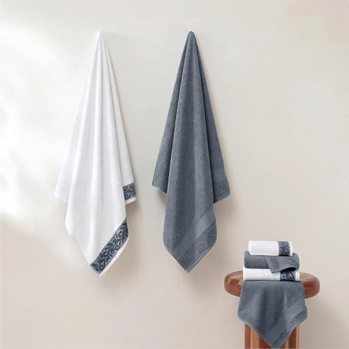 Modern Threads 6 Piece Bath Towel Set – Bathroom Towel Set with 2 Bath Towels, 2 Hand Towels & 2 Washcloths – 100% Cotton, Soft & Absorbent – Jacquard Border (Blue)