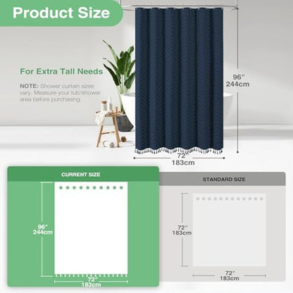 Dynamene Extra Long Boho Shower Curtain Tufted Chevron 72"x96" Navy Blue