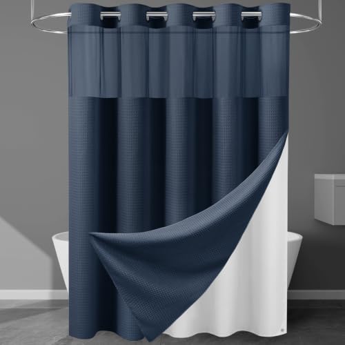 EUTXL Heavyweight No Hook Shower Curtain with Liner, Navy Blue,71x86