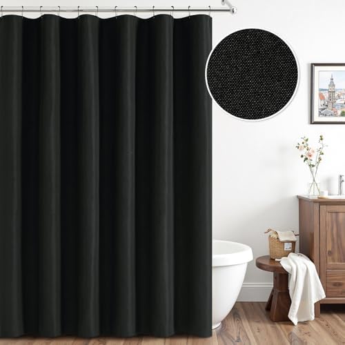 ANRODUO Black Linen Textured Fabric Shower Curtain Set - W72xL72
