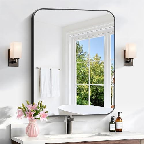 Bathroom Mirror, 30 x 24 inch Metal Framed Black Rectangle Mirror, Rounded Corner Rectangular Vanity Mirror, Wall Mounted Mirror for Modern Bedroom Living Room Hangs Horizontal or Vertical