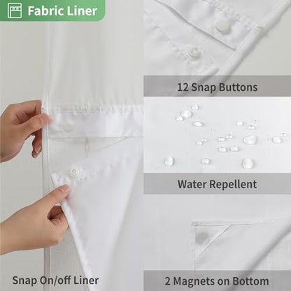 eachope No Hook Extra Long Shower Curtain Set with Snap-in Liner,Linen Textured Thick Striped Fabric with Tassels,Boho Chic Modern Farmhouse Bathroom Curtain,Water-Repellent,White,71x86