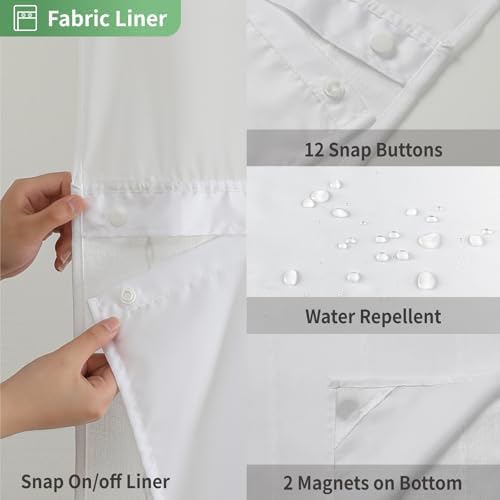 eachope No Hook Long Shower Curtain Set with Snap-in Fabric Liner,Linen Ultra Thick Fabric with Tassels,Boho Chic Modern Farmhouse Country Neutral Cloth Shower Curtains for Bathroom,White,71x80