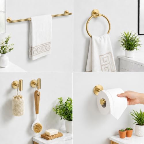 Brushed Gold Bathroom Accessories Set, 6 Pieces Gold Towel Bar Bathroom Hardware Set, 24 Inch Towel Racks for Bathroom, SUS304 Stainless Steel Bathroom Towel Holder Toilet Paper Holder Wall Mounted