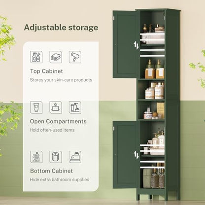 TEENFON 67" Tall Bathroom Cabinet with Adjustable Shelves and Doors, Narrow Bathroom Storage Cabinet for Small Space, Living Room, Entryway, Kitchen, Green