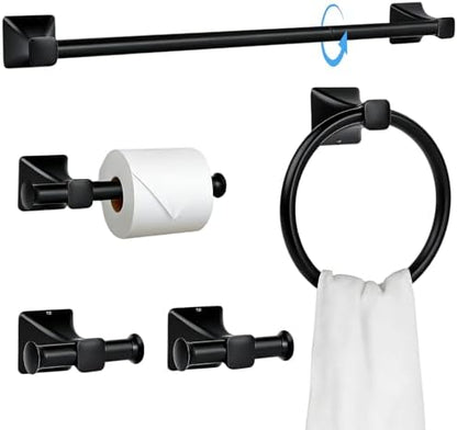 5-Piece Matte Black Bathroom Hardware Set, SUS304 Stainless Steel Wall Mounted Towel Rack Set, 24 Inch Towel Bar, Towel Ring, Toilet Paper Holder, 2 Towel Hooks, Multipurpose Bathroom Accessories