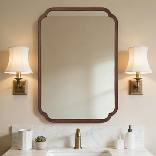 WallBeyond 28" x 40" Wood Bathroom Mirror for Wall Mounted, Rustic Rounded Corner Vanity Mirror for Entryway, Living Room or Bedroom Home Decorative [28" x 40" Walnut Color]