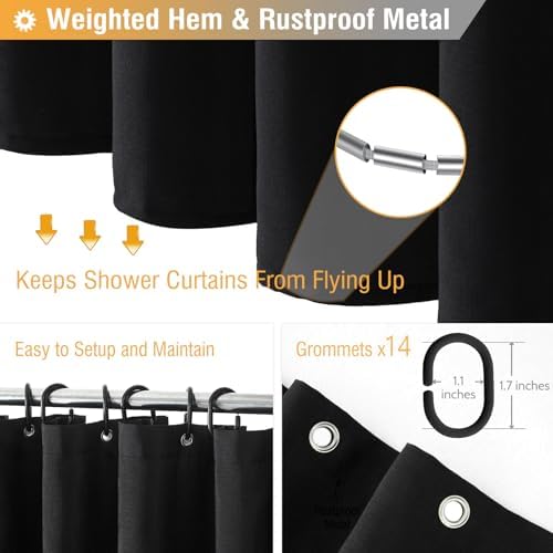 BTTN 84x72 Wide Linen Textured Waterproof Cloth Thick Shower Curtain, Black