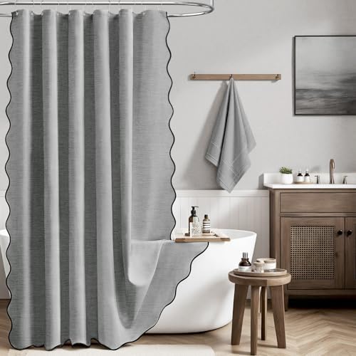 BTTN Stall Boho Scalloped Linen Textured Shower Curtain, 36x72, Grey/Gray