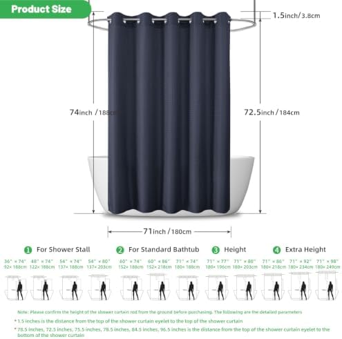 eachope No Hook Waffle Shower Curtain, No Liner Needed,71x74 Inch,Navy Blue