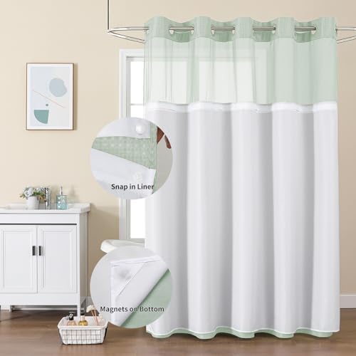Colorful Star Mint Green No Hook Waffle Shower Curtain Set, 72" W x 75" L