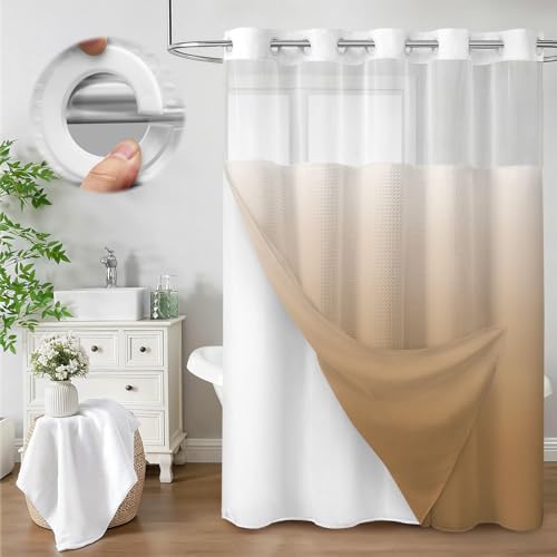No Hook Shower Curtain with Liner Set Hotel Waffle Ombre Beige 72W X 75L